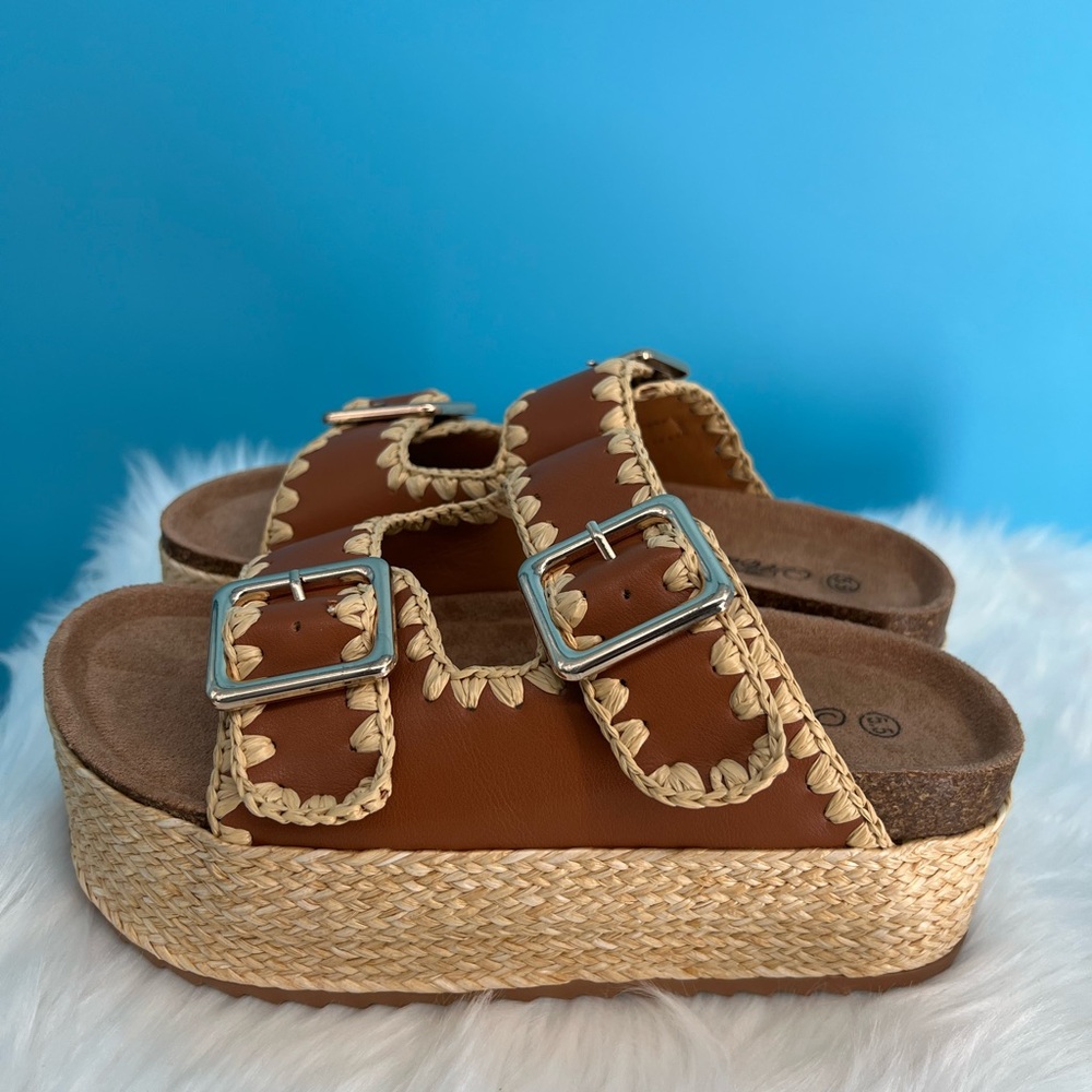 Brown and Cream Platform Shoes with Decorative Straps - Picture 8 of 10